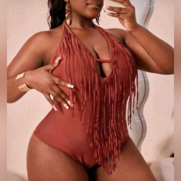 SHEIN 2XL brown fringe trim cut out tie back halter one piece swimsuit - Picture 5 of 11